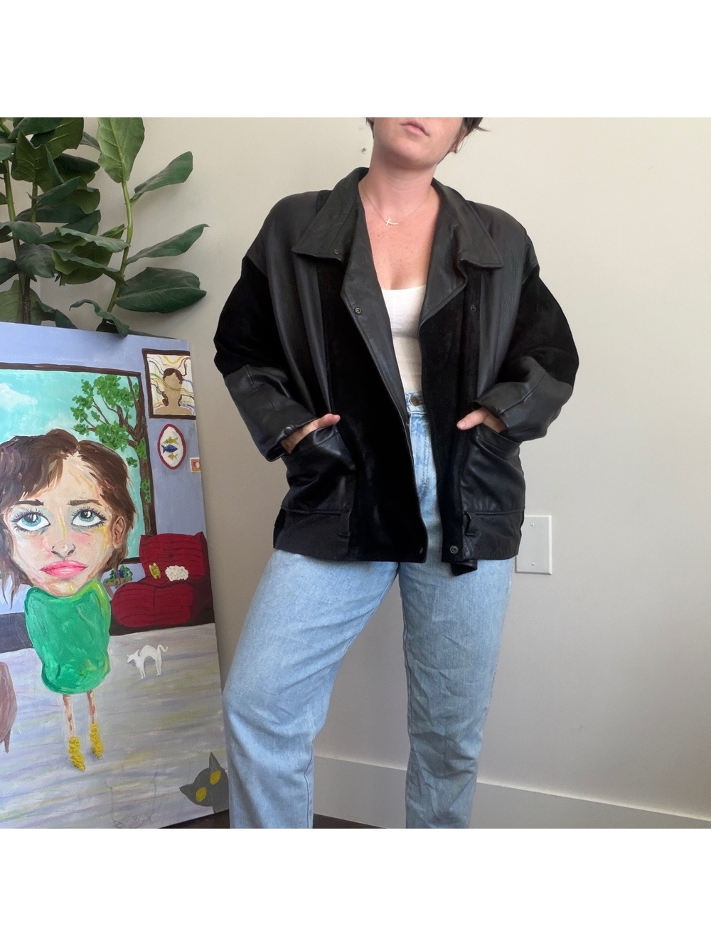 Vintage 80s black leather jacket patchwork